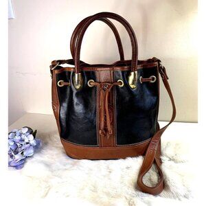 Marino Orlandi Vintage Italian Leather Bucket Bag Satchel Black Tan Medium